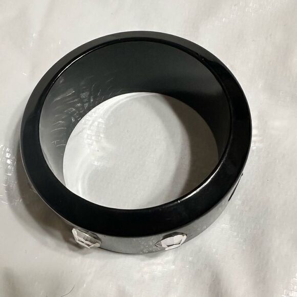 Vintage 50s Black Bakelite (?) Plastic and rhinestone Bangles Bracelets - Picture 13 of 13